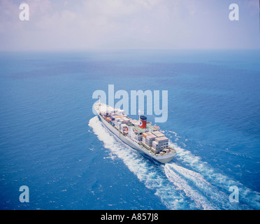 Aerial view of container ship Fremantle Star at sea off Queensland, Australia. Stock Photo