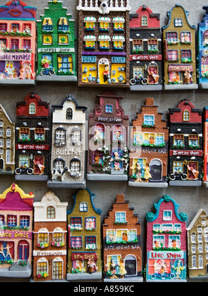 Colourful small Amsterdam houses for use as fridge magnets for sale in tourist shop Stock Photo