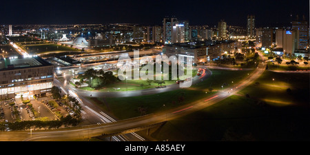 A night time 2 picture stitch panoramic aerial view of Brasilia looking towards The Praça dos Três Poderes, Three Powers Square. Stock Photo