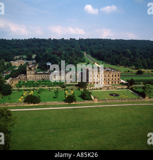 Chatsworth House and gardens Derbyshire home of Duke of Devonshire aerial view Stock Photo