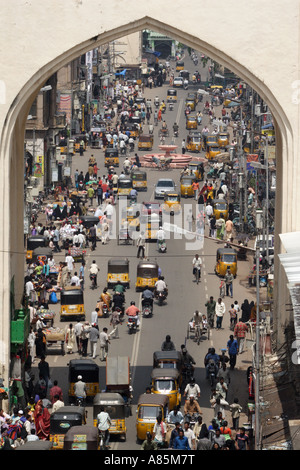 A view of Sardar Patel Road from the elevated position of the Charminar in Hyderabad, Andhra Pradesh, India. Stock Photo