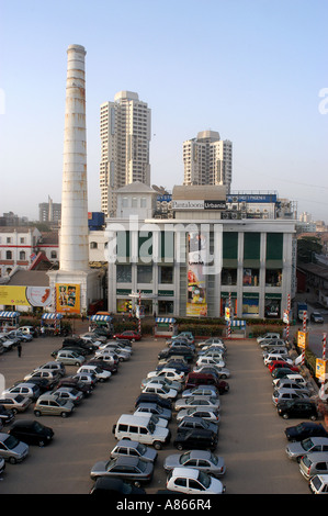 Car parking of shopping mall at Phoenix mill compound with chimney in Bombay, Mumbai, Maharashtra, India, High Street Phoenix, Phoenix Mall, Stock Photo