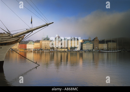 Af Chapman schooner at Skeppsholmen across from The Old Town in Stockholm at dawn Stock Photo