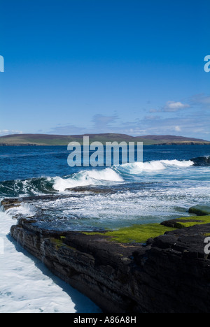 dh Eynhallow Sound EVIE ORKNEY Rolling waves ashore seacliff shelf blue sea and Rousay island coast
