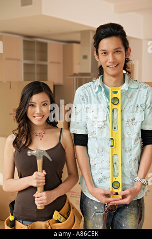 Two people smiling, portrait Stock Photo