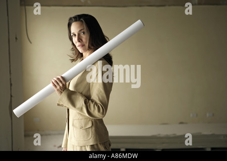 View of woman holding a plan. Stock Photo
