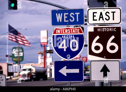 United States USA Routte 66 signs National Highway Trucks Cars Stock Photo