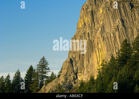 Pilot Rock, 5908 feet old, volcanic plug rises about conifer forest, 'Cascade-Siskiyou National Monument'  Southern Oregon Stock Photo