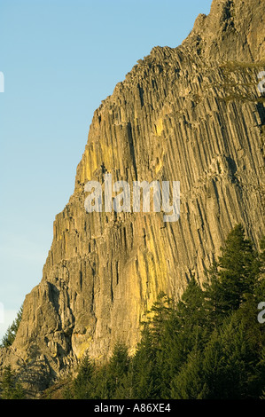 Pilot Rock, 5908 feet old, volcanic plug rises about conifer forest, 'Cascade-Siskiyou National Monument'  Southern Oregon Stock Photo