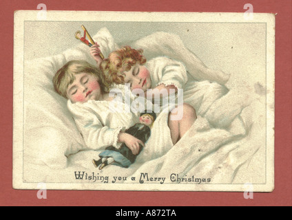 Christmas greeting card of two sleeping children circa 1860 Stock Photo