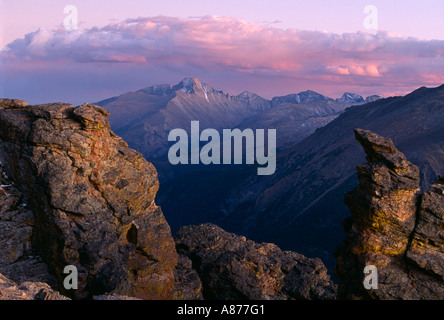 Longs Peak elevation 14 255 feet seen at sunset from Rock Cut on Trail Ridge in Rocky Mountains National Park Colorado Stock Photo