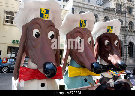 'Doggie Diner' heads. Large paper mache heads used to adorn a fast food joint in San Francisco, now they appear in parades. Stock Photo