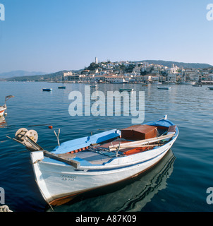 Harbour at dawn viewed from Galatas, Poros, Saronic Islands, Greece Stock Photo