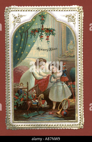 Christmas Greeting card showing children with toys circa 1870 Stock Photo