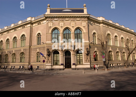 The Bank Of Latvia Building in Riga, Latvia. Neo-Renaissance architecture with ornate facade, arched windows, and central entrance on a sunny day. Stock Photo