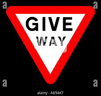 Give Way Road sign on black background Stock Photo