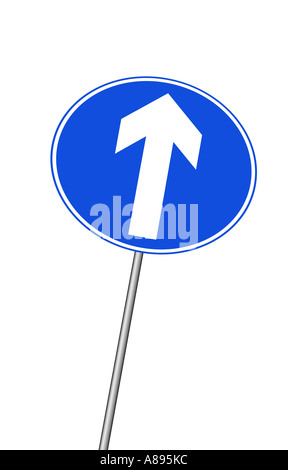 One way traffic road sign with pole on white background Stock Photo