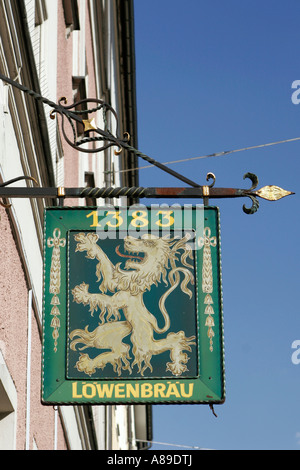 Sign, Loewenbrau-brewery, Munich, Bavaria, Germany Stock Photo