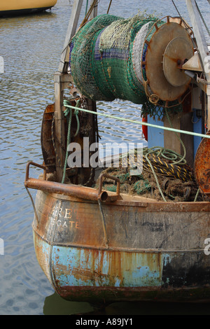 Stern fishing trawler with winch gear at Looe Cornwall Stock Photo
