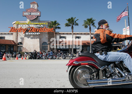 Daytona Beach Florida,Beach Street,Bike Week,motorcycle motorcycles,event,celebration,annual,riders,owners,Harley Davidson,dealer,adult adults man men Stock Photo