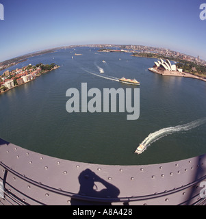 View over Sydney harbour Port Jackson with Fort Denison island from top of iron girder framework of the Harbour Bridge Australia Stock Photo