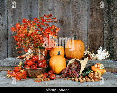 Fall harvest against old wood background Stock Photo