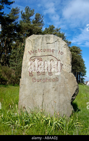 Burghead Village stone entrance marker signs Stock Photo