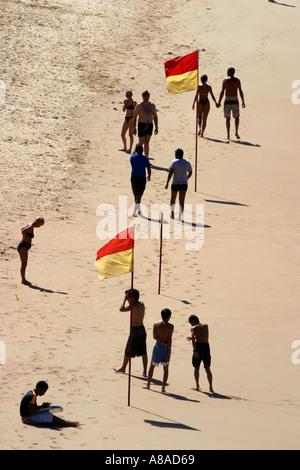 People on Manly Beach between the Life-saving flags. Stock Photo