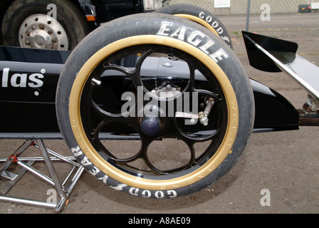 front wheels and wing on a Top Fuel Dragster skinny dragster wheel Stock Photo