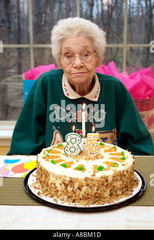 Senior female celebrates 85 birthday with cake ice cream family and party Stock Photo