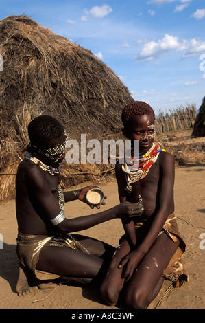 Karo people are known for elaborate body painting , Kolcho , South Omo valley , Ethiopia Stock Photo