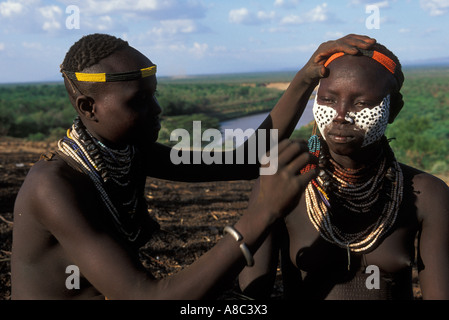 Karo people are known for elaborate body painting , Kolcho , South Omo valley , Ethiopia Stock Photo