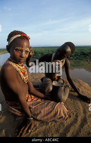 Karo people are known for elaborate body painting , Kolcho , South Omo valley , Ethiopia Stock Photo