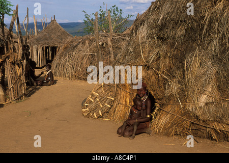 Karo village , Kolcho , South Omo valley , Ethiopia Stock Photo