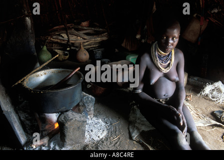 Karo woman in hut , Kolcho , South Omo valley , Ethiopia Stock Photo