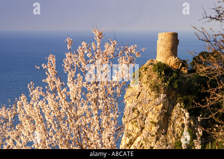 Mallorca historic lookout tower at the west coast Mirador de Ses Animes almond blossom Stock Photo