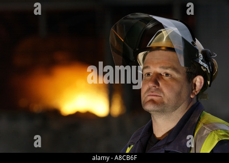Steelworker at the relighting of blast furnace No5 Corus Port Talbot after the 2001 explosion South Wales UK