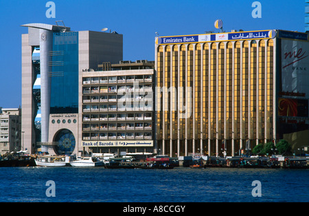 Buildings & Dhows Dubai Creek Dubai UAE Stock Photo