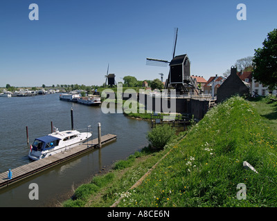 Windmills on the city walls of the historic city of Heusden Noord Brabant the Netherlands Stock Photo