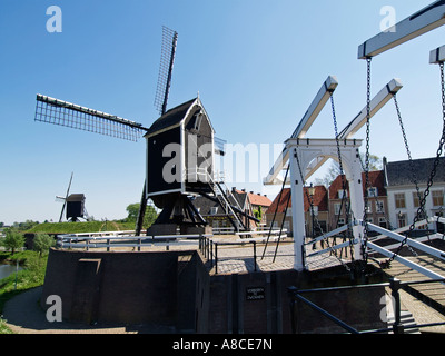 Old windmills and bridge on the city walls of the historic city of Heusden Noord Brabant the Netherlands Stock Photo