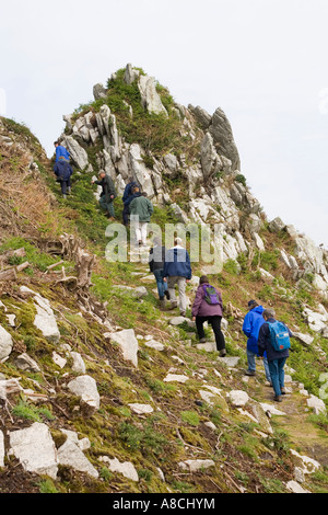 UK Lundy Island warden leading guided nature walk on steep section of east coast clifftop path Stock Photo
