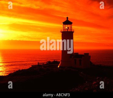 North Head lighthouse on the Southern Washington coastline seen at sunset Stock Photo
