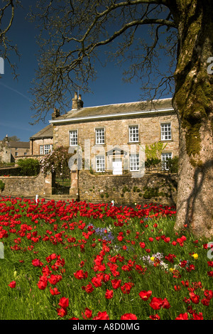 Newton Hall with red tulips / Newton in Bowland / Lancashire / UK - a Grade II Georgian manor house Stock Photo
