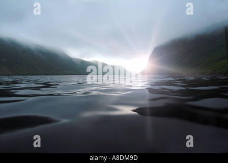 a fog bound fiord on Newfoundland s southern coast This one is called Grey River Stock Photo