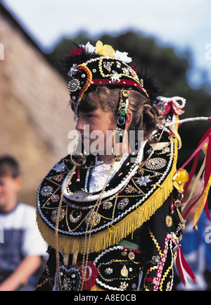 dh Festival of the Horse SOUTH RONALDSAY ORKNEY Scottish Girls horse collar St Margarets Hope event girl scotland people costume Stock Photo