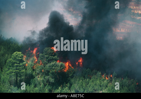 Aerial view of a wildfire, flames, forest fire black smoke, threatening city houses, Bouches-du-Rhône, Provence, France, Europe, Stock Photo
