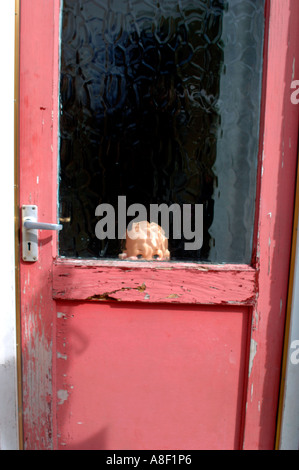 Doll Behind Glass Door Stock Photo