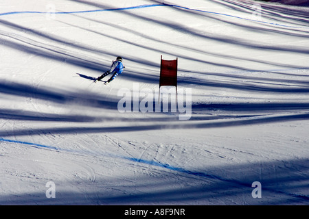 A World Cup downhill ski racer on the 'OK' course in Val d'Isere in the French Alps. Stock Photo