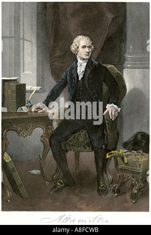 Alexander Hamilton portrait at his desk with his signature below. Hand-colored steel engraving Stock Photo