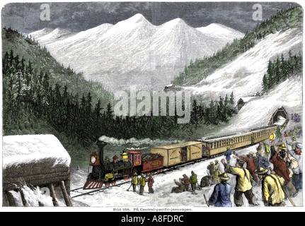 Railway workers cheering the first train over the Sierra Nevada mountains protected by snowsheds. Hand-colored woodcut Stock Photo